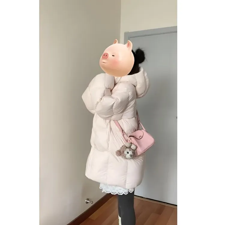 MARIE.COCO韩系新款温柔少女粉色连帽加厚长款棉服秋冬面包服外套