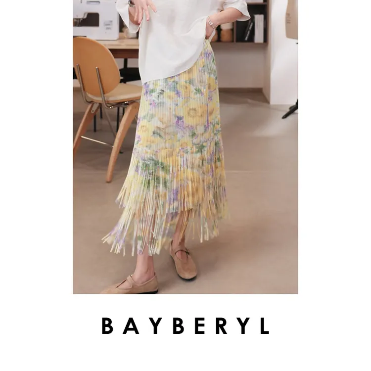 BAYBERYL老贝油画宅裙*流苏压褶度假松紧弹力半身裙9YQ5F0526-6/7