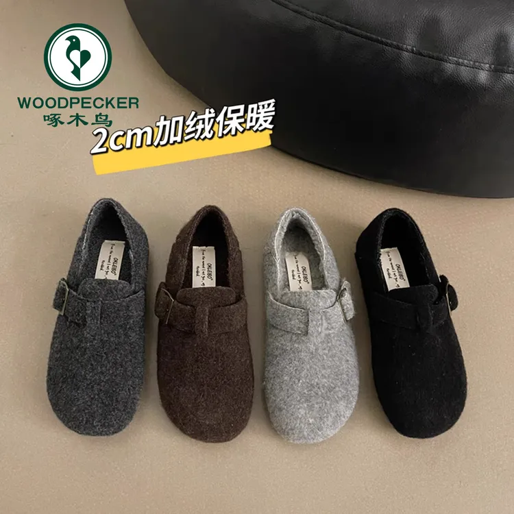 啄木鸟复古加绒毛呢平底勃肯鞋女2025秋冬新款软底外穿毛毛单鞋子