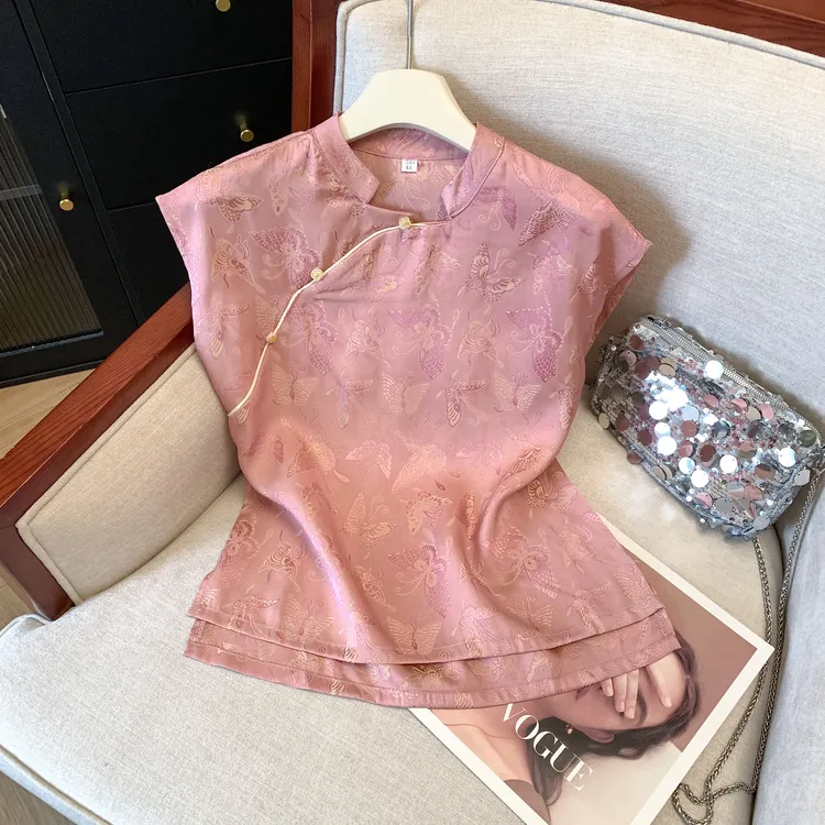 洋气高贵上衣夏季新款新中式国风高档缎面提花盘扣衬衫女气质小衫