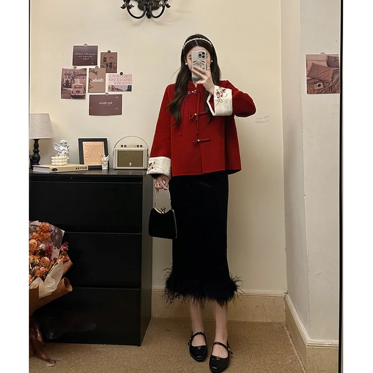 大码女装新中式红色过年双面呢短款大衣胖MM秋冬毛呢外套半身裙