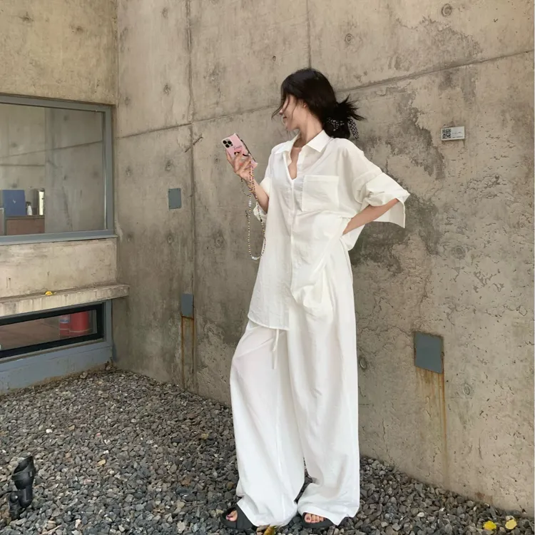 小众春夏韩版松弛感慵懒套装宽松休闲衬衫高腰系带阔腿裤老钱风