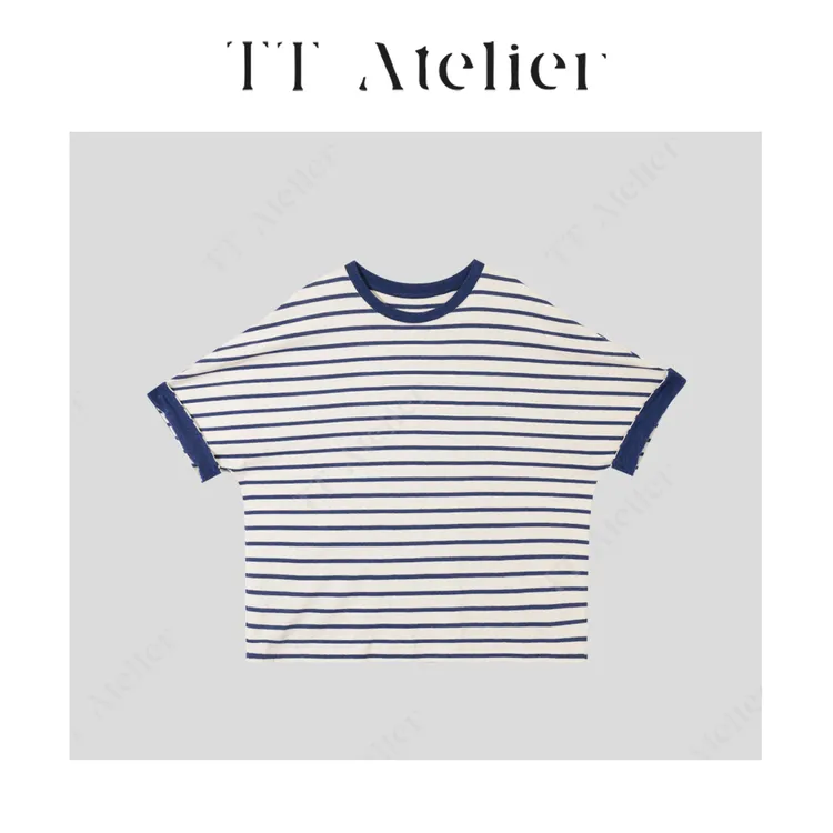 TT设计师【远航】纯棉藏蓝米白条纹设计百搭轻奢宽松t恤TT190395