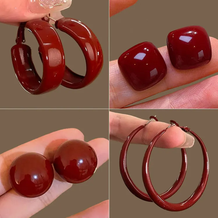 合金耳饰 复古洋气安可拉红色耳钉气质轻奢高级耳环女爆款耳饰