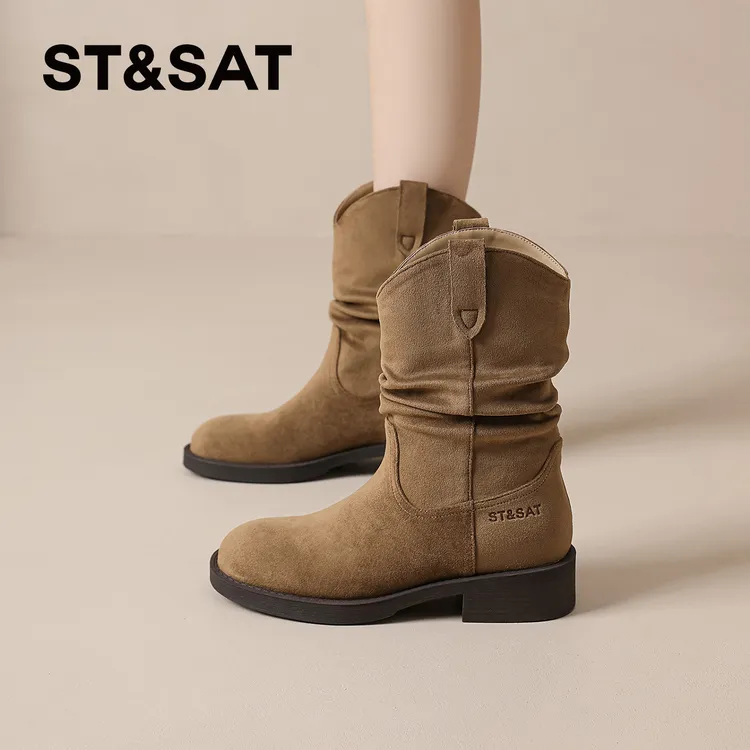 星期六粗跟英伦风短靴女2025冬季新款加绒马丁靴褶皱美拉德堆堆靴