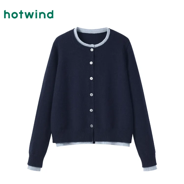 Hotwind/热风蓝色针织衫女2025新款时尚减龄上衣秋季羊绒开衫外套