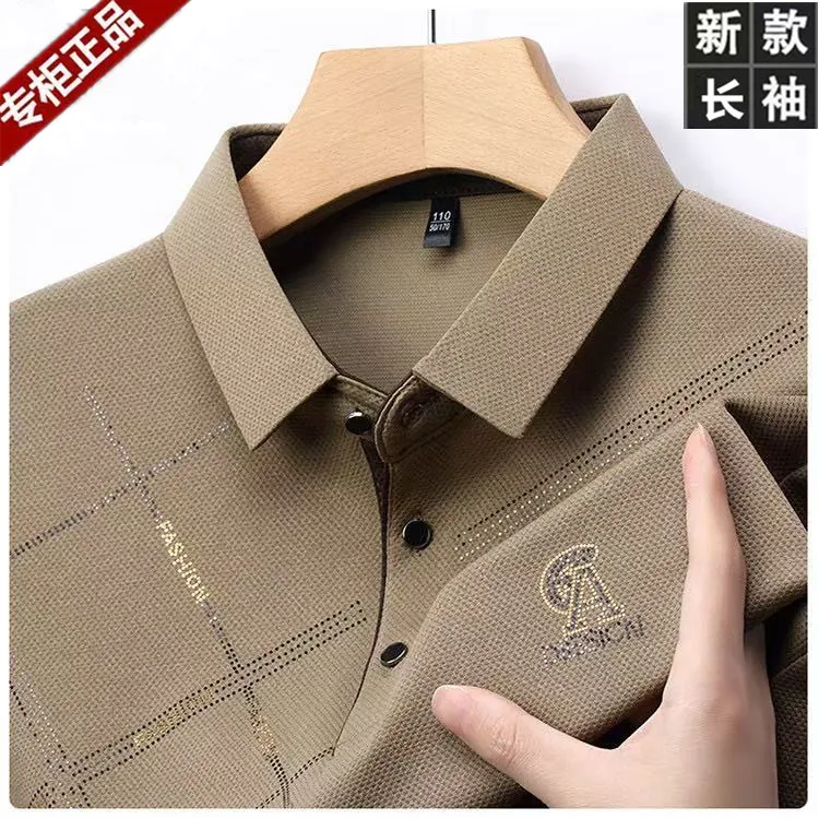 高档男装长袖T恤春秋新款时尚镭射印花工艺翻领上衣吸湿排汗长袖T