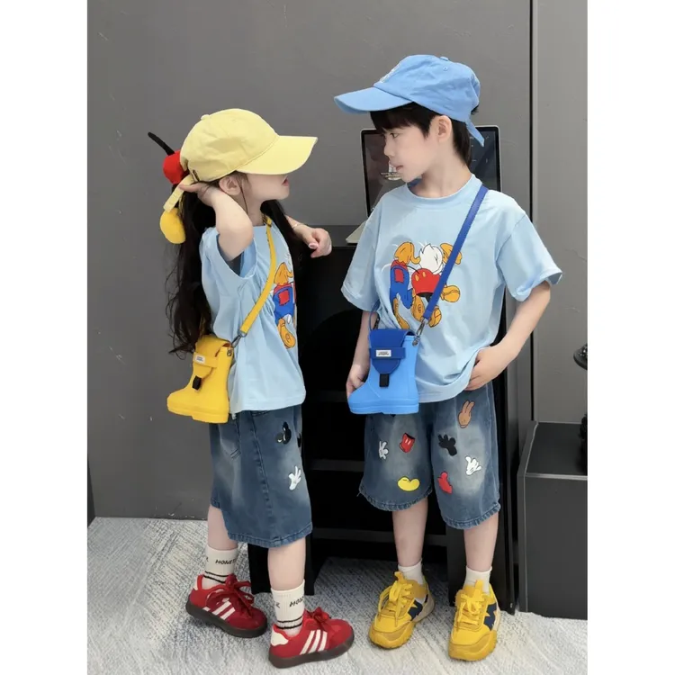 夏季儿童短袖短裤套装T恤卡通米奇印花短袖牛仔中裤两件套 XT