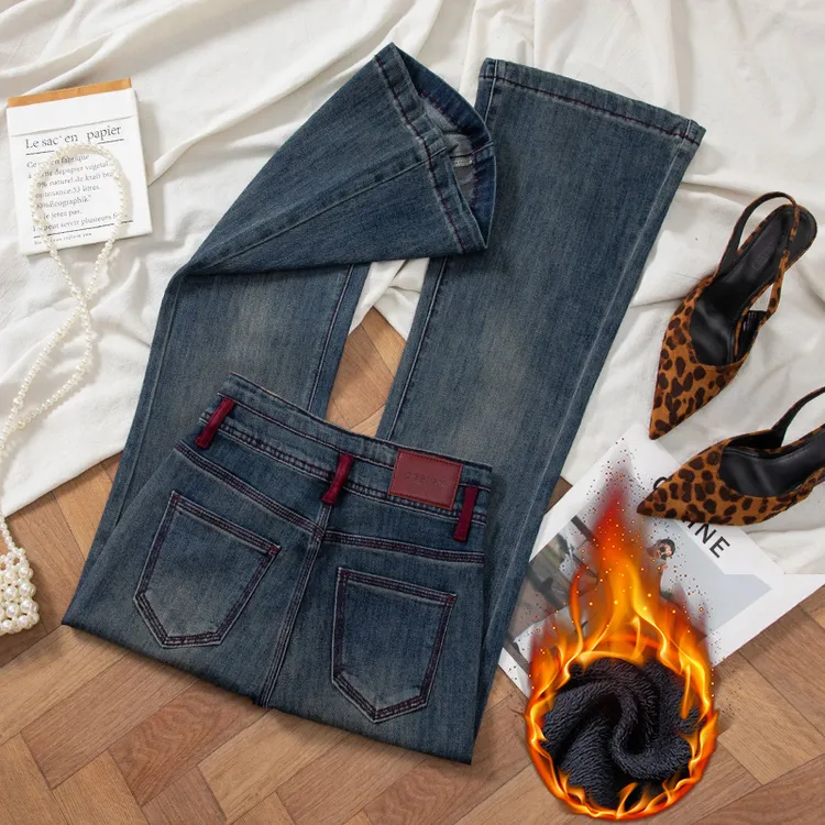 小个子窄版微喇叭牛仔裤女2025秋冬新款加绒高腰显瘦弹力喇叭裤子