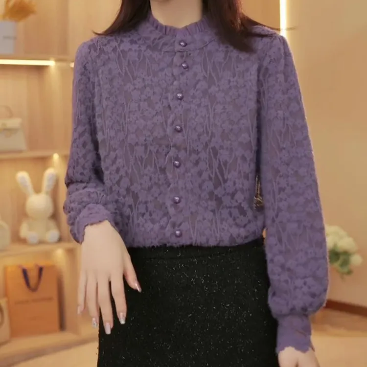 女士立领蕾丝衬衫2025新款内搭高级感加绒加厚洋气减龄打底衫上衣