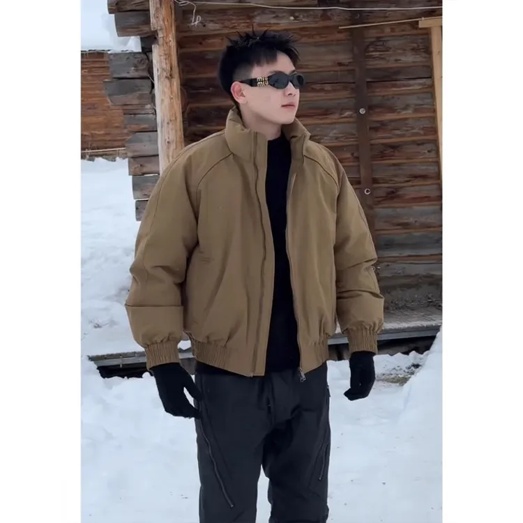 卡其色白鸭绒短款羽绒服外套男冬季高级感加厚保暖防寒服飞行夹克
