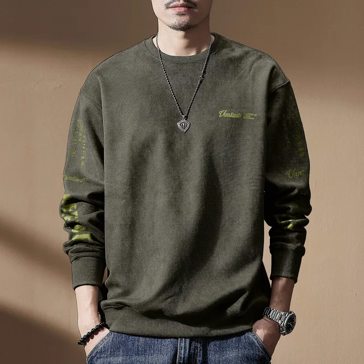 LEIGHZ/雷茨高端重磅麂皮绒圆领卫衣男秋季宽松大码美式长袖男装
