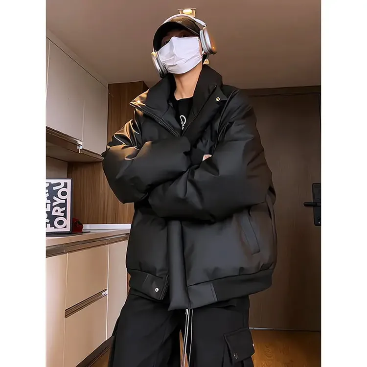 美式高街刺绣棉服男冬季潮牌短款pu皮外套潮流立领三防工装面包服