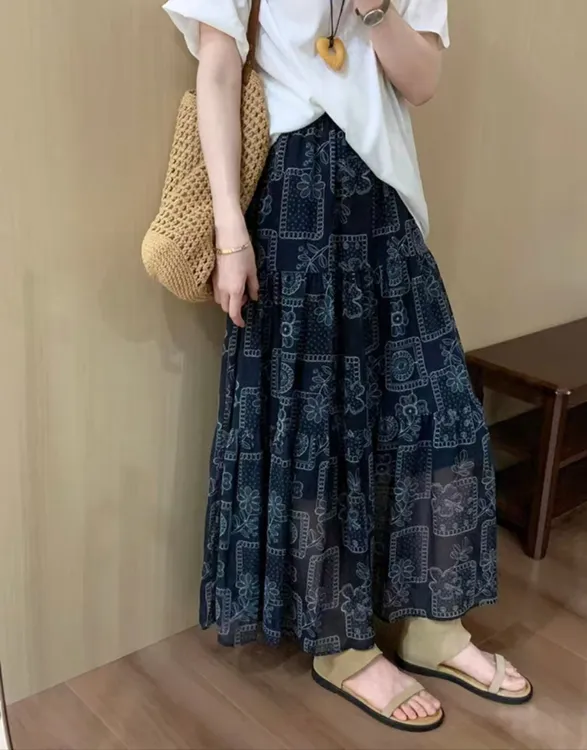 度假民族风复古印花雪纺半身裙女2025秋季高腰显瘦a字大摆中长裙