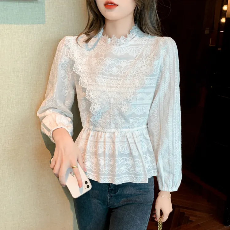 荷叶边蕾丝衬衫新款漂亮秋冬遮屁股上衣女气质长袖雪纺小衫时尚