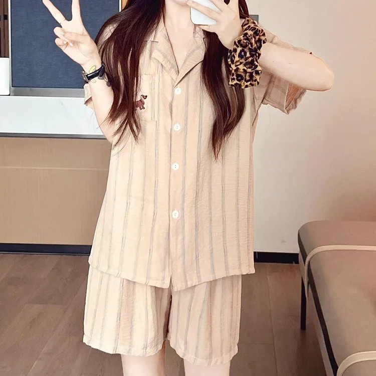 GPSUNLU条纹简约小清新睡衣女款夏季高级感卡通云朵棉休闲家居服