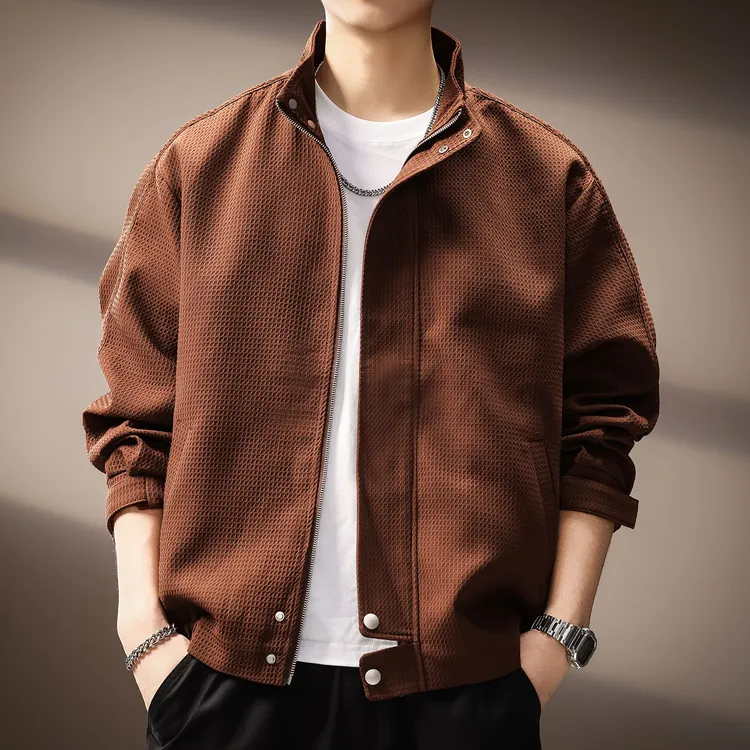 高端日系复古潮牌格纹立领夹克男士秋季新款简约宽松休闲长袖外套