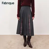 Fabrique Henrie 秋冬新品精纺绵羊毛拼接格纹民族风复古百褶半裙