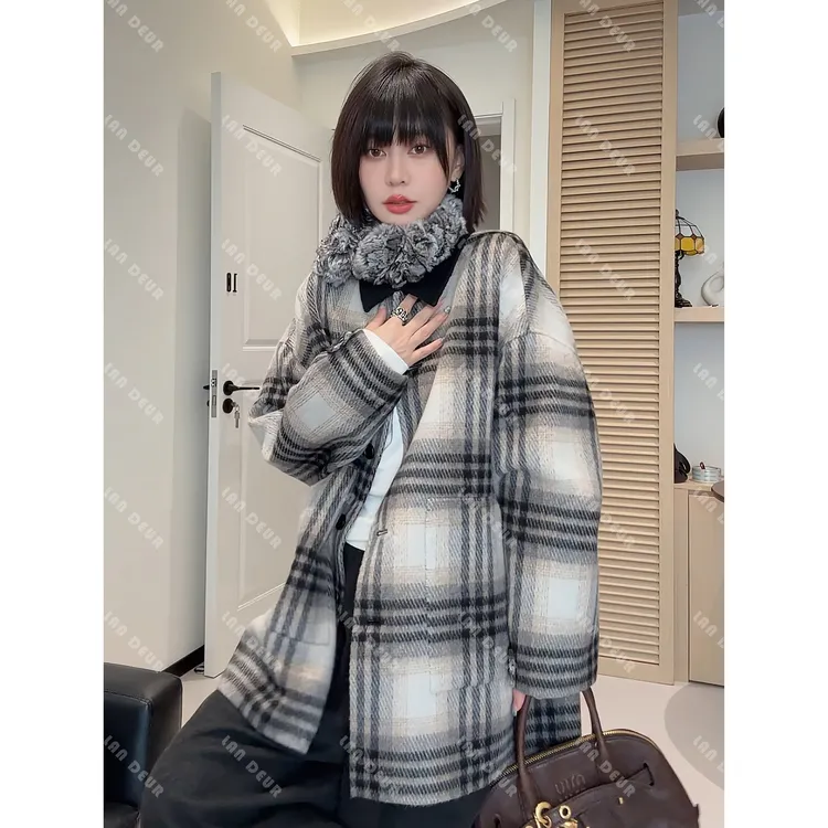 JIUJIU【独占月影】羊毛冬季格子撞色翻领气质时尚中长款毛呢外套