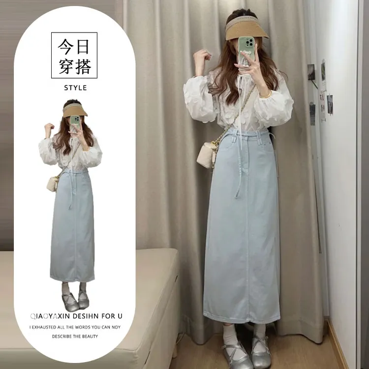 2025春季穿搭大码胖mm立体花朵设计感衬衫上衣高腰半身裙两件套女