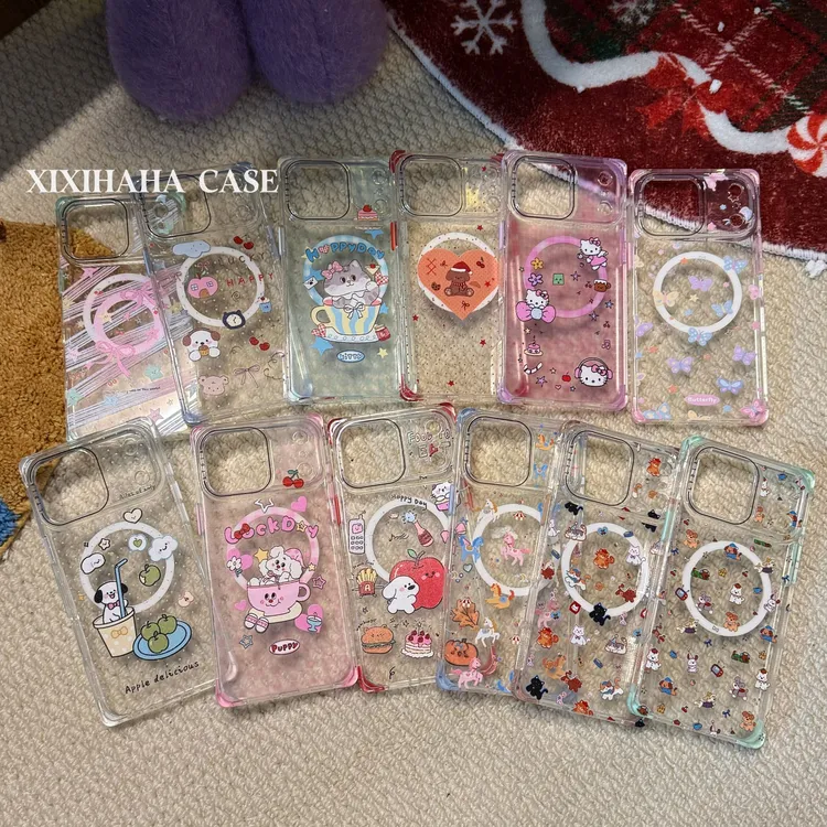 原创磁吸方形壳可替换挂绳角卡通图案小动物防摔设计适用于苹果