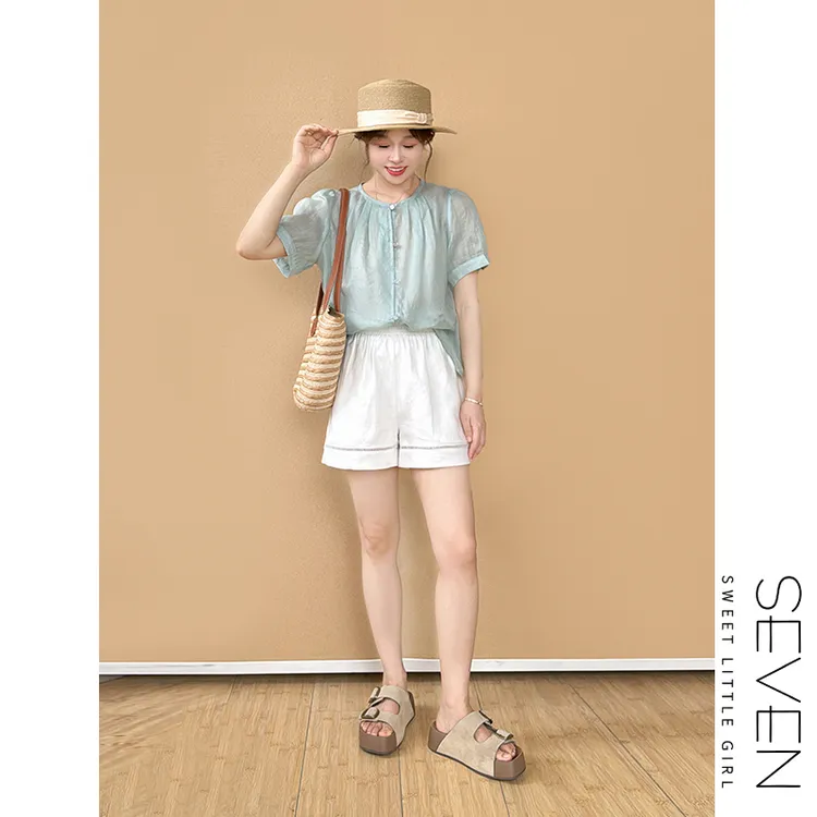 14124℃苎衫⑧七七146小个子小众薄款纯色圆领系扣衬衫女夏小美说