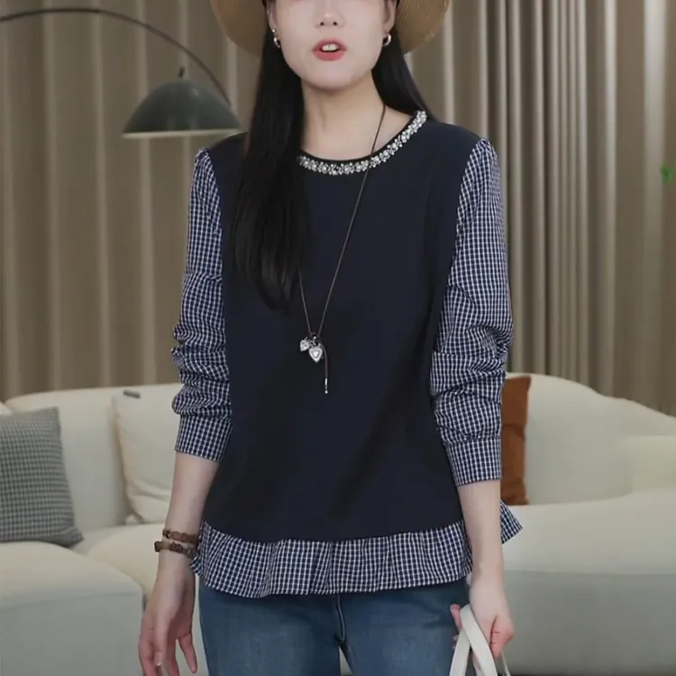 秋季女格子长袖衬衫时尚洋气减龄宽松烫钻衬衣内搭叠穿假两件上衣