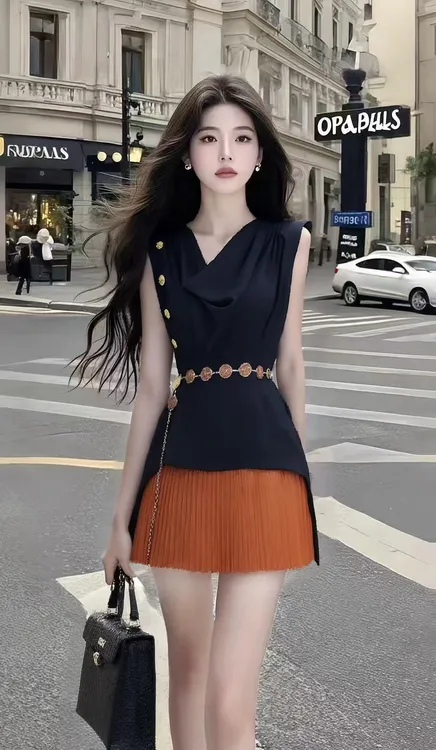 时尚通勤风拼接设计无袖荡领收腰设计感连衣裙小众高级感百搭女装