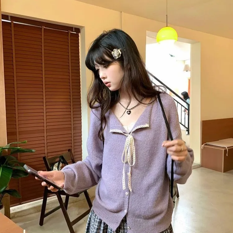 速干百搭小众休闲设计感韩系气质软糯开衫单排扣百搭花边绑带毛衣