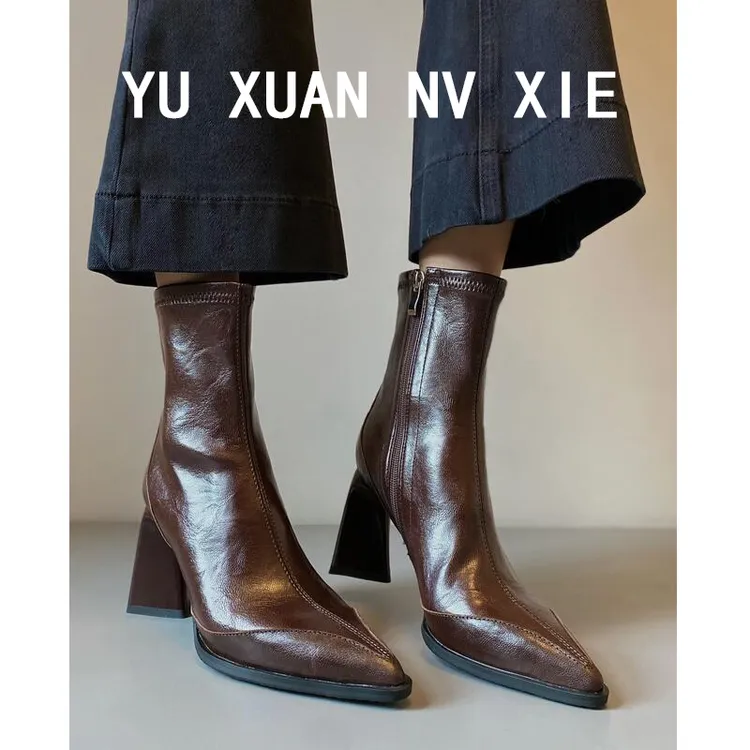 又美又飒~！真皮法式气质时尚尖头高跟瘦瘦靴百搭粗跟马丁靴短靴女