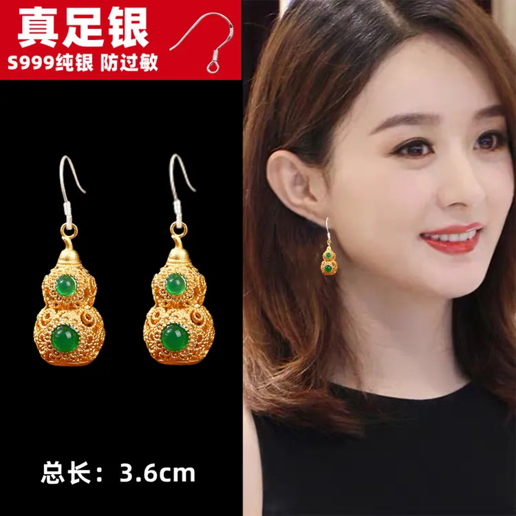 铜合金耳饰 原创设计金色葫芦耳环女镶嵌葫芦高级感小众国风耳坠