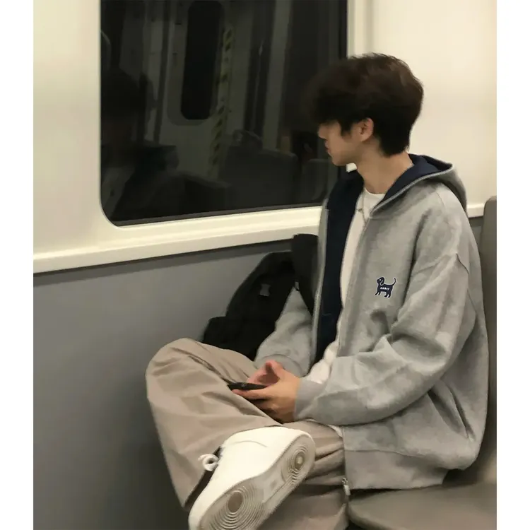 美式撞色拼接腊肠狗手绘小狗印花简约百搭宽松连帽开衫卫衣外套潮