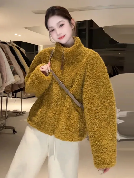 立领撞色毛毛外套女2025秋冬新款轻奢风时尚宽松加厚保暖拉链上衣