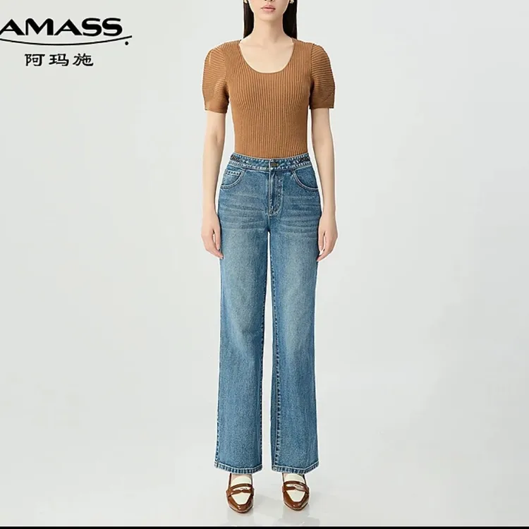 阿玛施经典百搭中腰复古链条水洗显瘦直筒阔腿牛仔裤510011