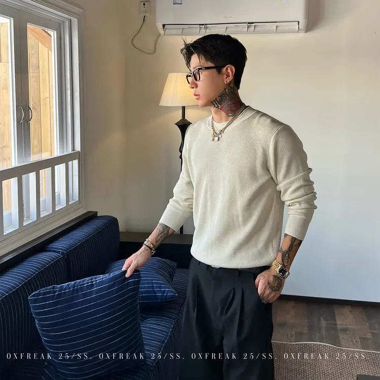 OXFREAK「老钱风 素奢感」羊毛混纺肌理纯色毛衣男秋冬打底针织衫