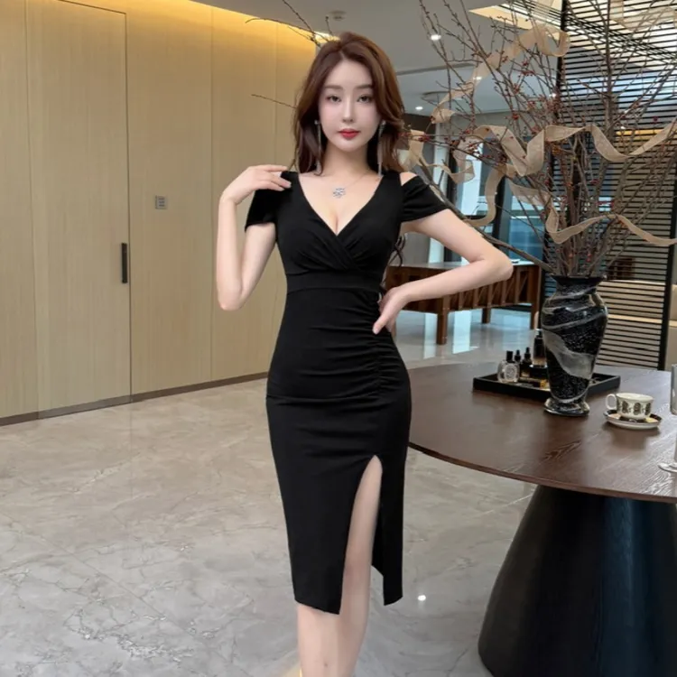 夜总店女装性感连衣裙低胸露肩中长裙夜场上班衣服柔式技师工作服