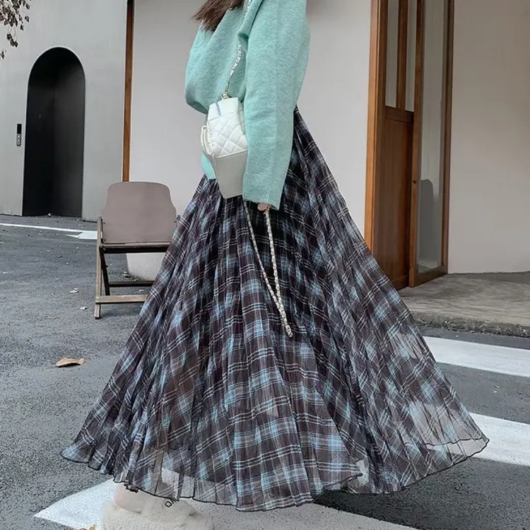 2025早秋新款褶皱气质格子大摆裙女网纱遮肉显瘦百搭垂坠感a字裙