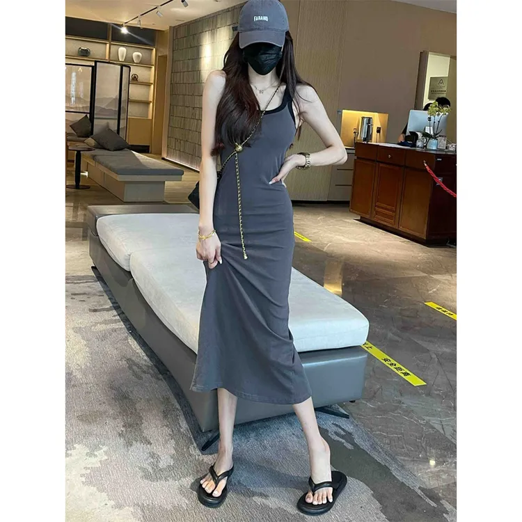 纯欲风辣妹无袖吊带连衣裙夏季女2025新款修身显瘦包臀t恤长裙子
