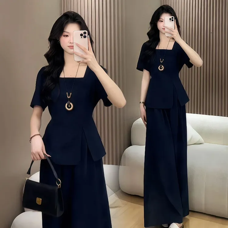 夏季新款大码女装胖mm显瘦穿搭一整套装上衣搭配高腰阔腿裤两件套