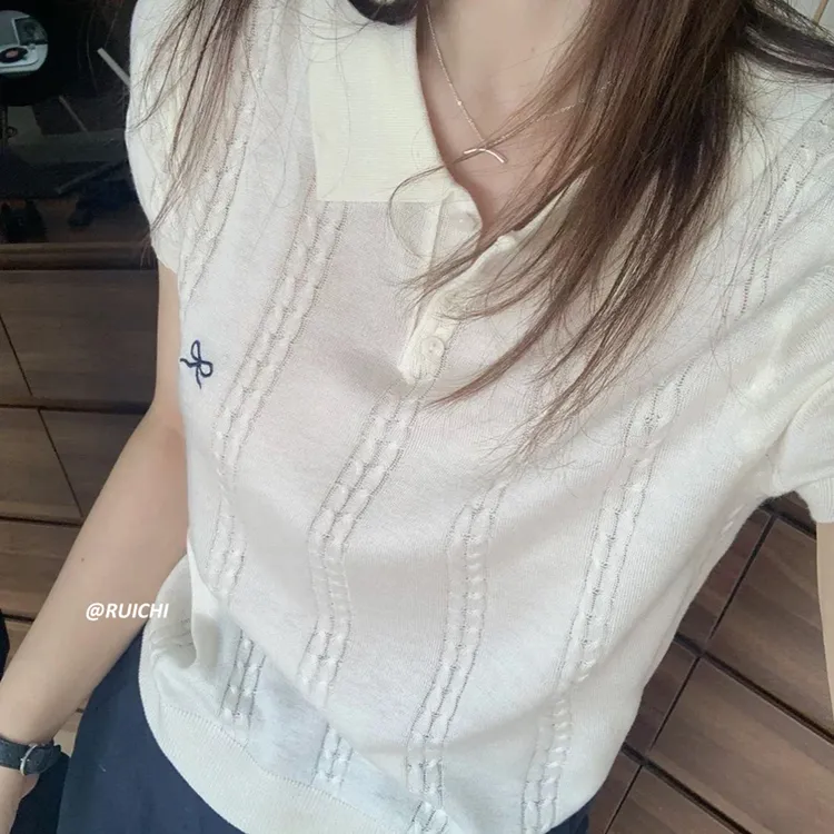 2025夏季韩系高级感休闲风PoLo领扭绳蝴蝶结短袖上衣慵懒打底内搭