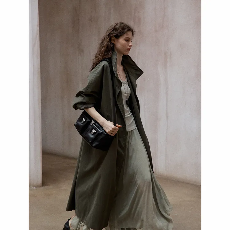 【识几】蝙蝠袖立领廓形长风衣中长款撞色显瘦宽松百搭通勤外套女