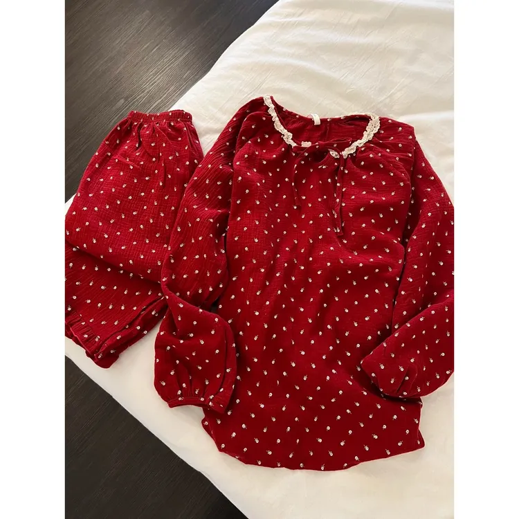 韩系复古红色碎花双层棉纱睡衣女新年春秋季舒适家居服套装可外穿