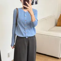 大妍小个子秋装韩系简约百搭显瘦坑条长袖针织衫8901