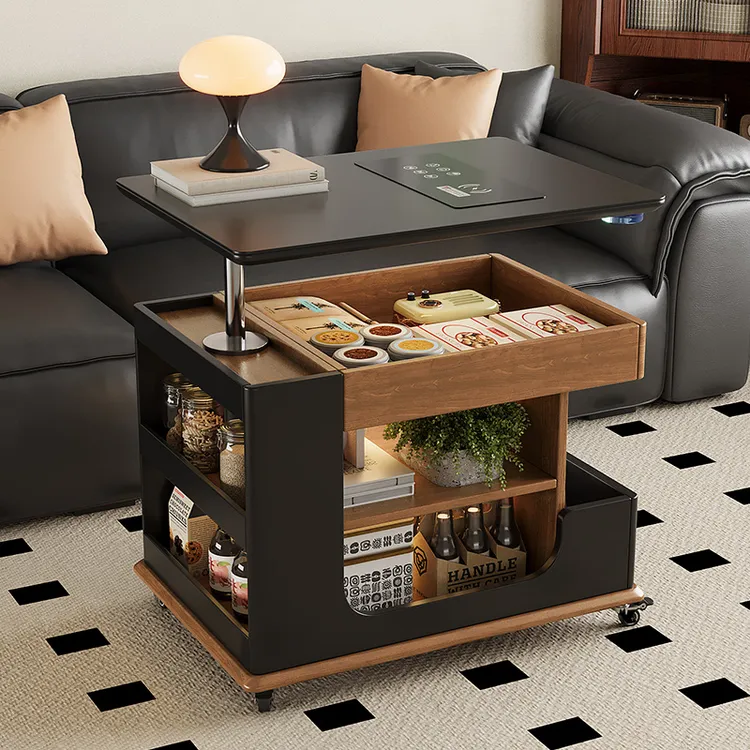 智能实木移动茶几可升降式小户型客厅家用茶几新款2025高档大气