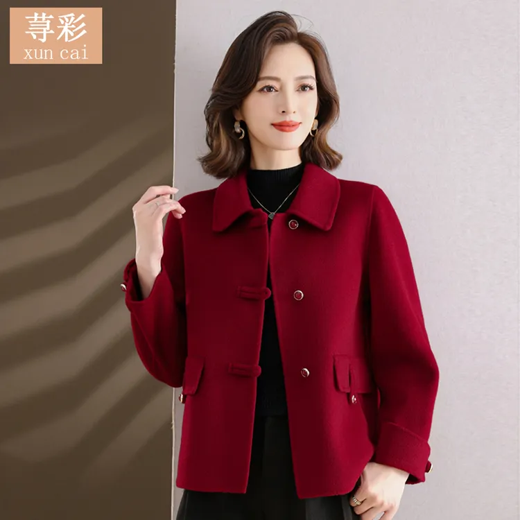 100%纯羊毛妈妈气质显瘦双面羊毛大衣中老年高贵女士短款毛呢外套