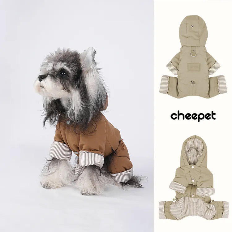 cheepet/趣派狗狗衣服秋冬四脚连帽防风可牵引狗狗条纹拼色棉服