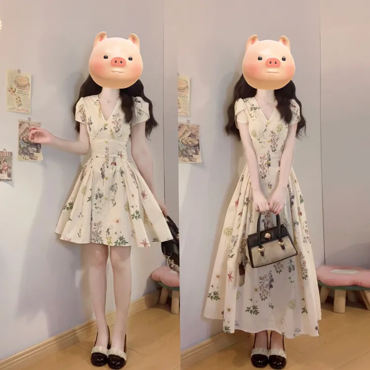 大码【泰兰德夏日】法式V领复古植物印花连衣裙小众设计感度假裙子