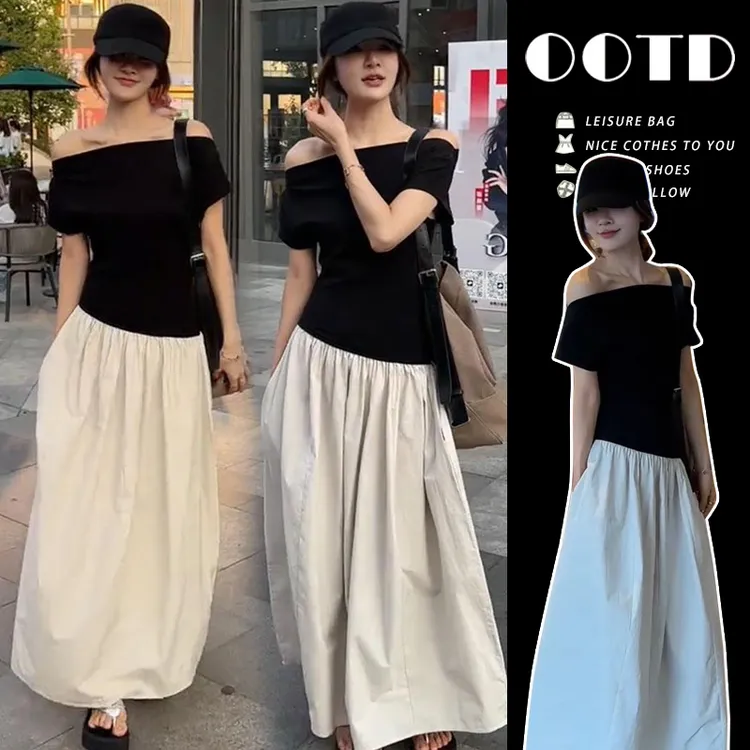 孕妇装夏季2025新款法式显瘦复古撞色拼接一字肩爆款连衣裙子气质