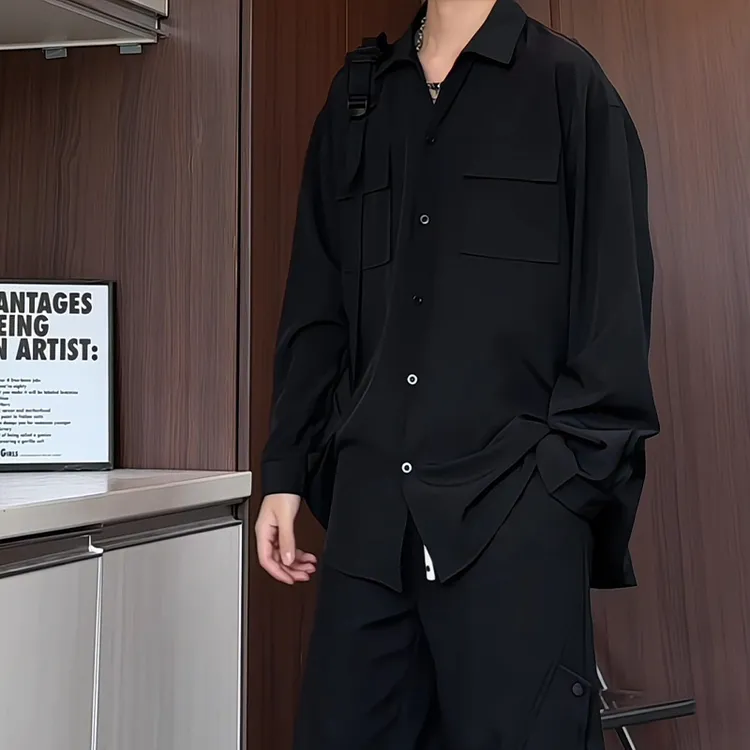 秋季新款纯色多口袋工装长袖黑色衬衫男宽松大码潮流白色衬衣上衣