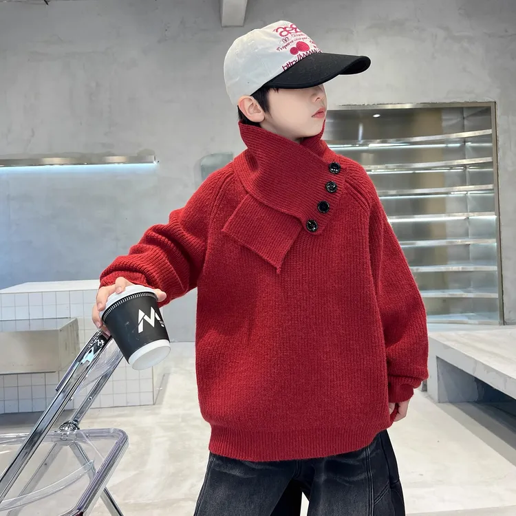男童秋冬款毛衣2025新款大童冬装男孩洋气冬季红色儿童高领毛线衣